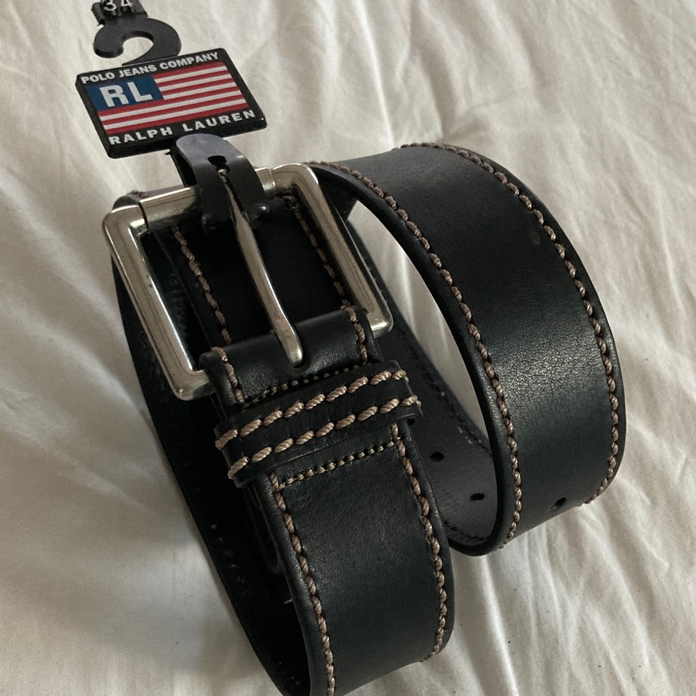 🆕 “RALPH LAUREN POLO JEANS” Black Leather Belt w/stitching & Large Silver Buckle